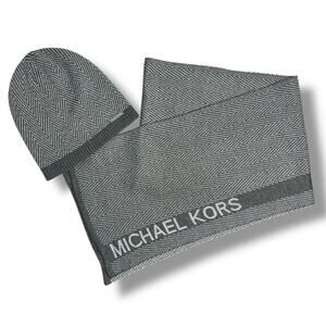 Michael Kors Metallic Logo Scarf and Beanie Hat Set Gray Herringbone Zig Zag